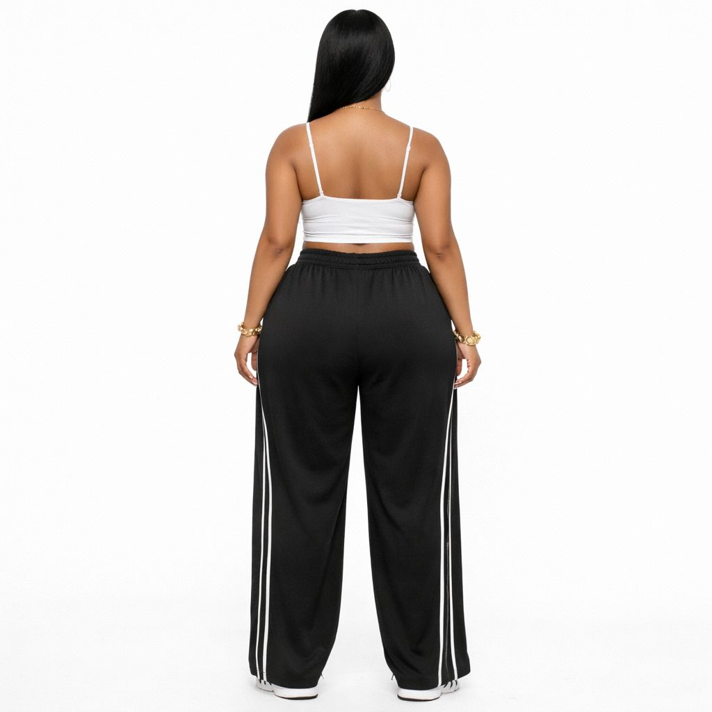 Black Wide Leg Track Pants with Side Stripes Zip Hem Streetwear Trousers